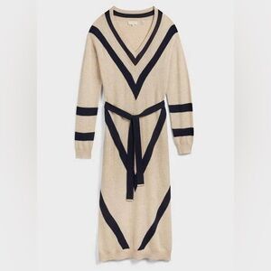 Ted Baker Merino Wool Cashmere Knit Long Sleeve Cream Black Midi Sweater Dress